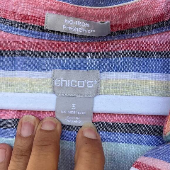 Chico's Striped Popover Top Size 3 Sleeveless Linen Rainbow V-Neck Tunic Spring - Picture 4 of 9